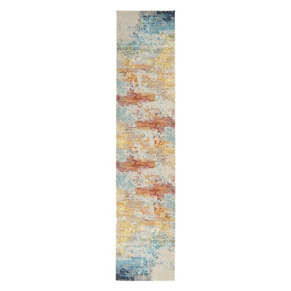 2 ft. x 14 ft. Blue Abstract Washable Area Rug