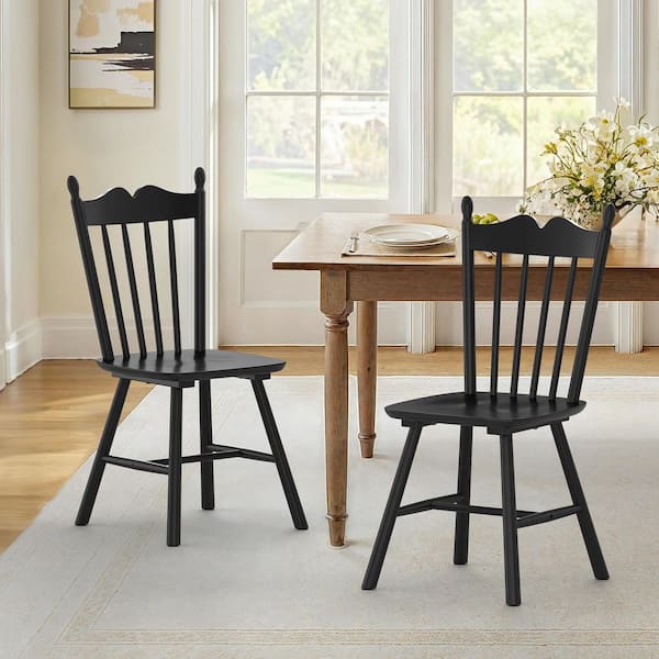 17 in. Black Classic Windsor Dining Chair Farmhouse Solid Wood Armless Kitchen Chair with Wave Spindle Back Set of 2