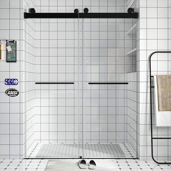 TOOLKISS 58 in. - 60 in. W x 76 in. H Sliding Frameless Shower Door in Matte Black with Clear Glass