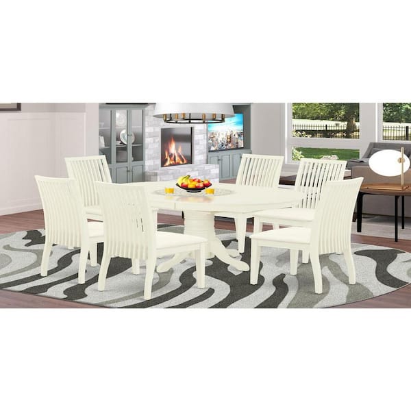 7-Piece Oval Linen White Finish Solid Wood Top Dining Table with 6-Chairs with Butterfly Leaf Lattice Back