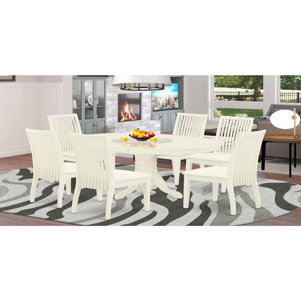 7-Piece Oval Linen White Finish Solid Wood Top Dining Table with 6-Chairs with Butterfly Leaf Lattice Back