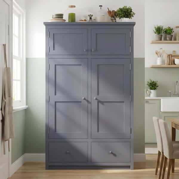 74.8"  Gray Freestanding Kitchen Pantry with 8 Door Shelves, 4 Pull-out Trays, 6 Drawers for Dining Room