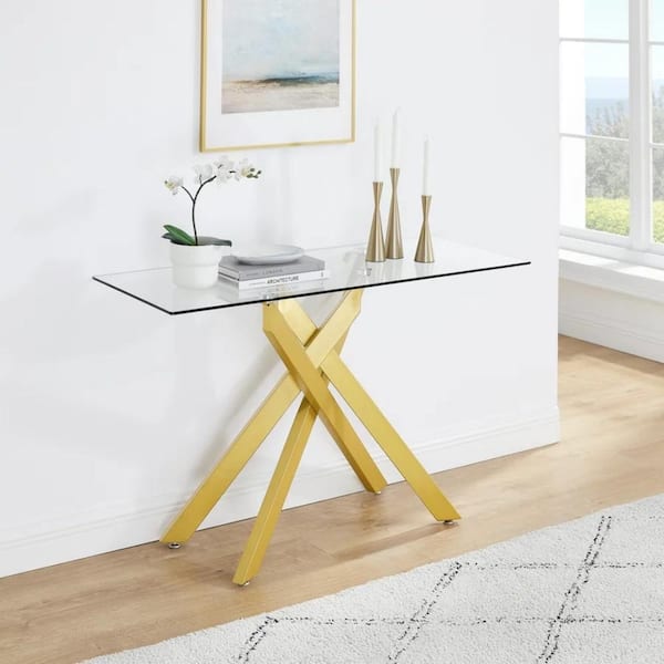 45 in. Gold Rectangle Glass Top Console Table with Modern Linear shape Base