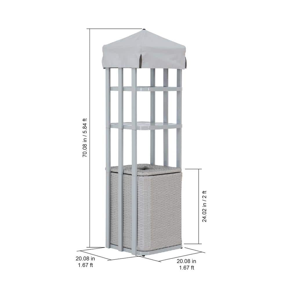 Gray Aluminum Pool Towel Valet Tower with Wicker Storage Basket