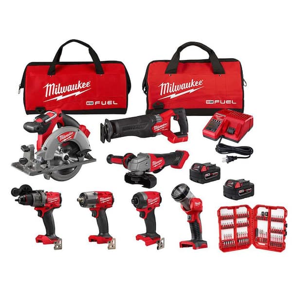 M18 FUEL 18V Lith-Ion Brushless Cordless Combo Kit w/ Two 5.0 Ah Batteries, 1 Charger, 2 Tool Bags, & Bit Set (7-Tool)