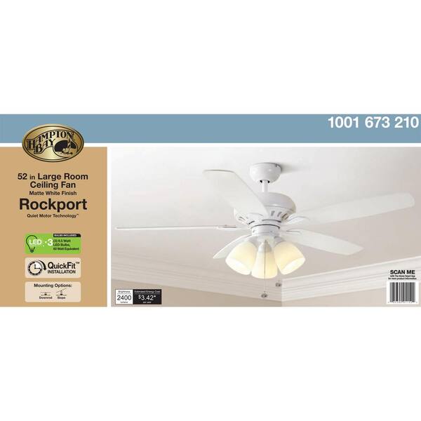 LED Matte White LED Ceiling Fan with Light kit by Hampton Bay Rockport 52 in 