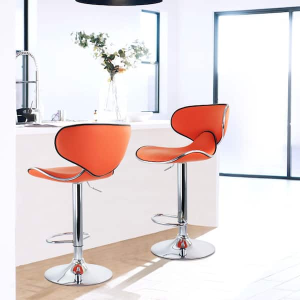 2 Piece 33.5 in. Slim Faux Leather Adjustable Bar Stool in Orange with Metal Base