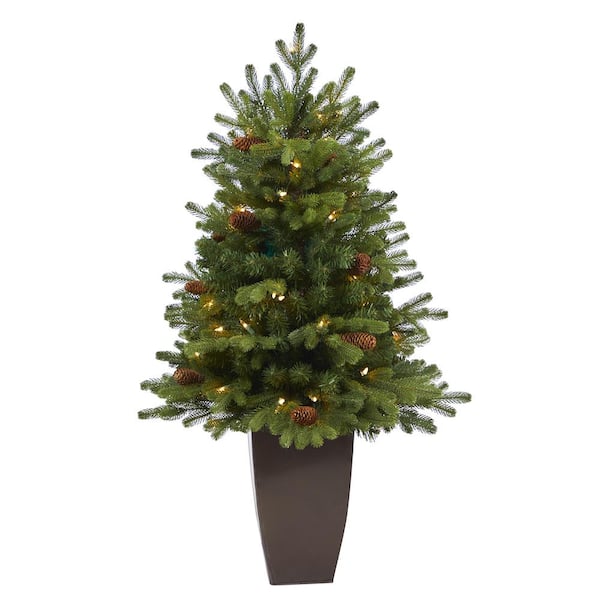 Nearly Natural 3.5 ft. Yukon Mountain Fir Artificial Christmas Tree with 50 Clear Lights and Pine Cones in Bronze Metal Planter