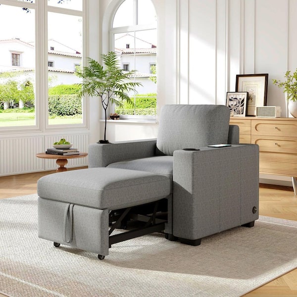 35.4 in. Gray Chenille Mini Twin Size Convertible Sofa Bed with USB Ports and Dual Cup Holders