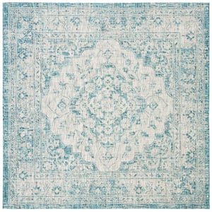 Courtyard Gray/Blue 7 ft. x 7 ft. Square Geometric Indoor/Outdoor Patio  Area Rug