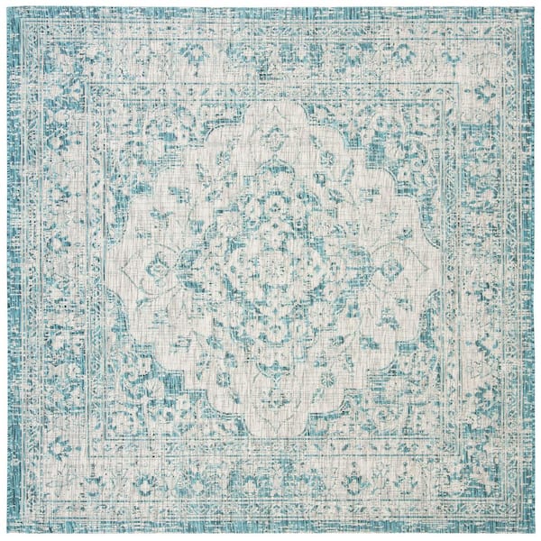 Courtyard Gray/Blue 7 ft. x 7 ft. Square Geometric Indoor/Outdoor Patio  Area Rug