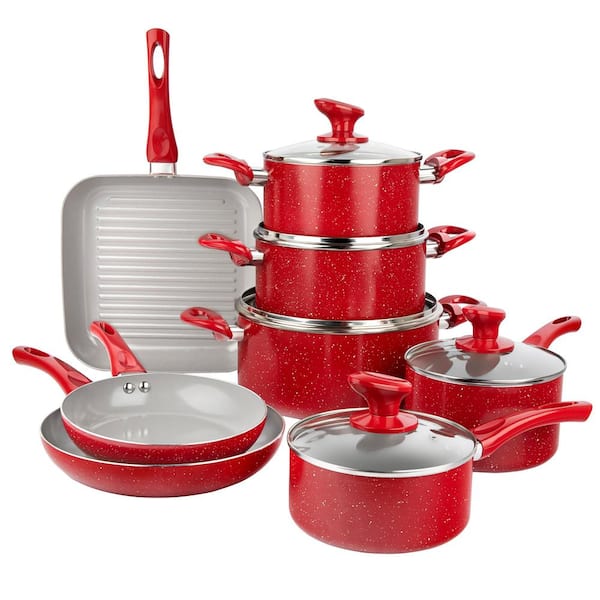 imarku  16-Piece Aluminum Cookware Sets Pots and Pans Set Nonstick Granite  Coating - Red 