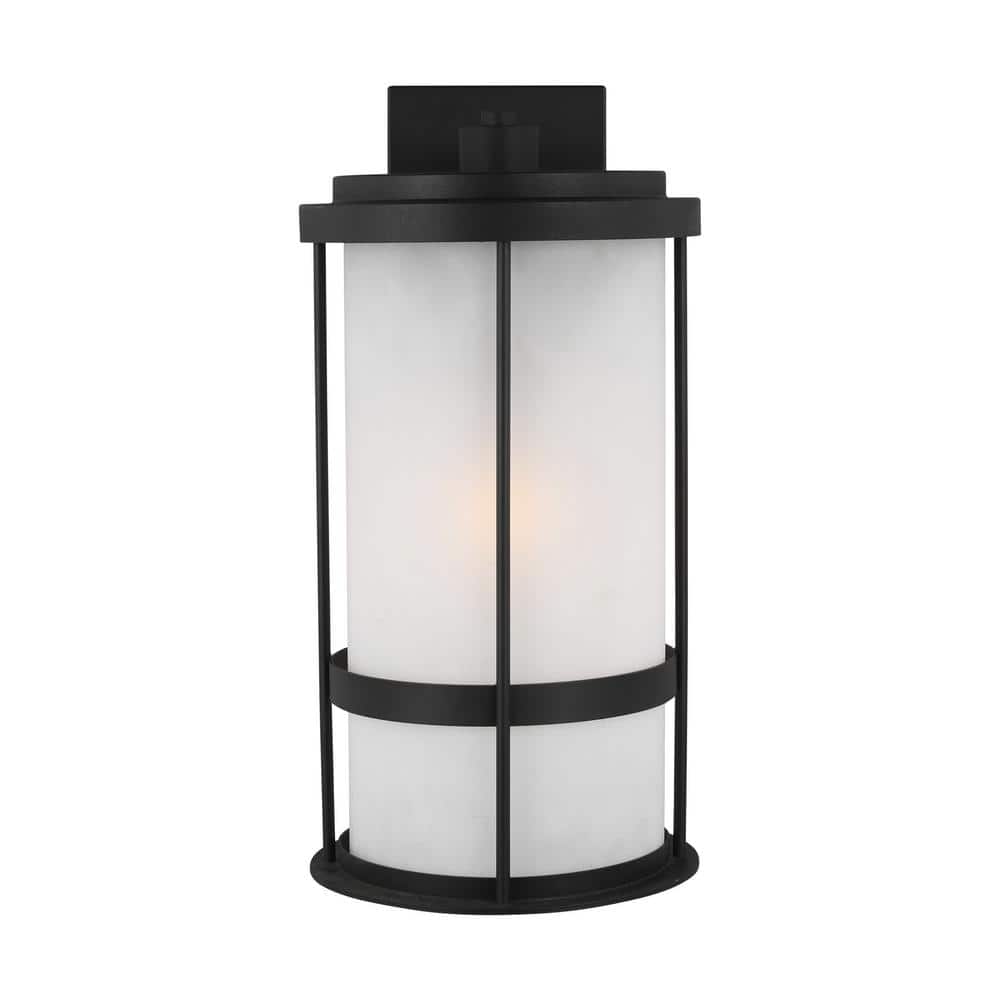 Black and Bronze Cylinder Outdoor Wall Lantern with Satin Etched Glass