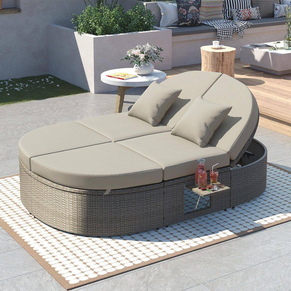 Gray Wicker Outdoor Day Bed with Gray Cushions with Adjustable Backrests an
