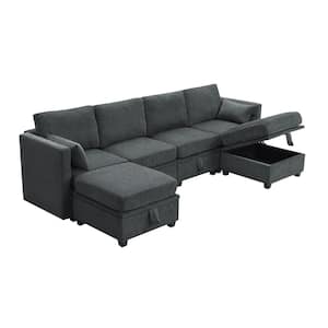 109 in. W 6-piece U Shaped Chenille Modular Sectional Sofa in Gray with Adjustable Armrests, Backrests and Storage Seats