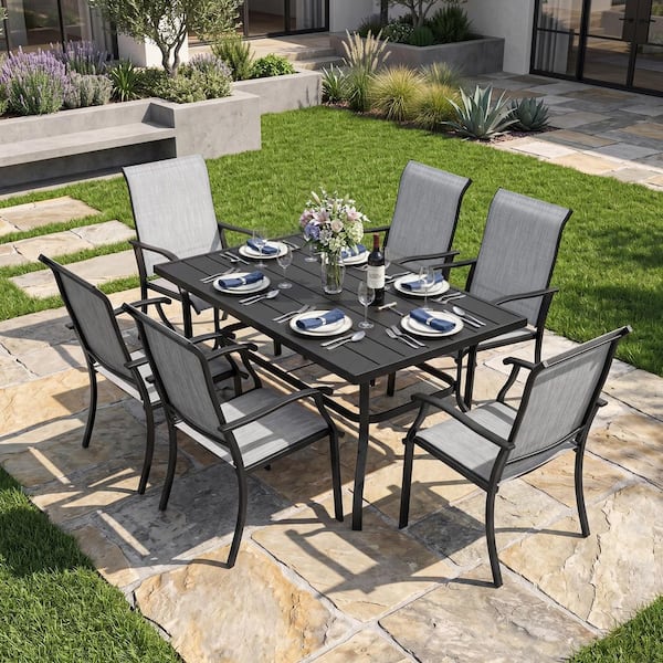 largo 7 piece outdoor patio dining set with umbrella SOLAURA 7-Piece Set, 6 Person Outside Table and Chairs Set, Metal Stacked Chairs of 6, Slat Table Top 1.57" Hole (Black) : Patio, Lawn & Garden season durability for balconies Sour citrus 7-Piece Outdoor Dining