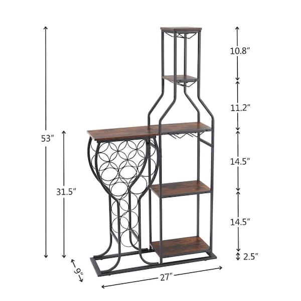 XUJMK 11-Bottle Brown Metal Wood Freestanding 5-Tier Wine Rack