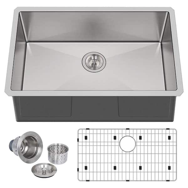 27 in. Undermount Single Bowl 16-Gauge 304 Stainless Steel Kitchen Sink with Bottom Grid and Strainer
