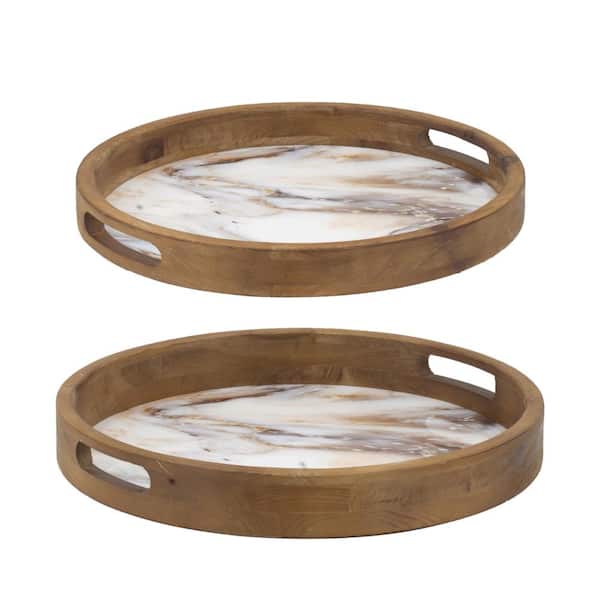 Benjara Brown and White Decorative Tray Set of 2
