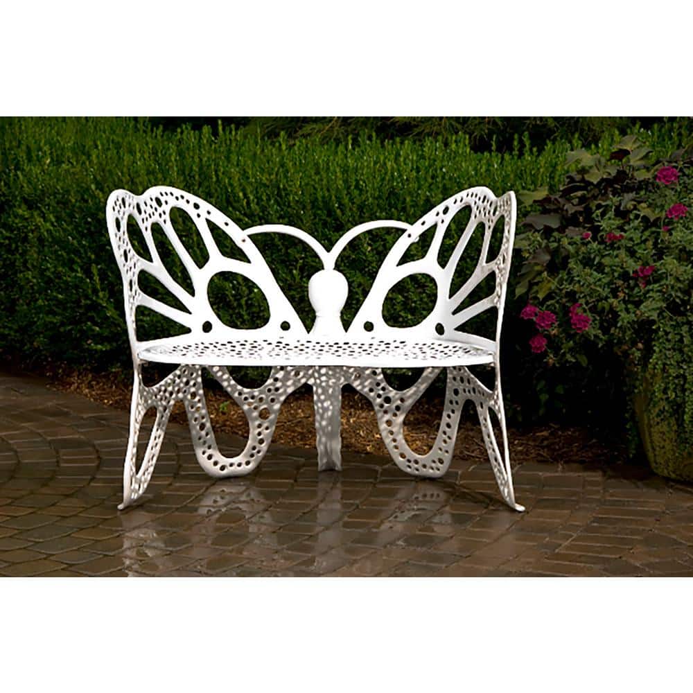 Whimsical White Aluminum Butterfly Garden Bench - 38in