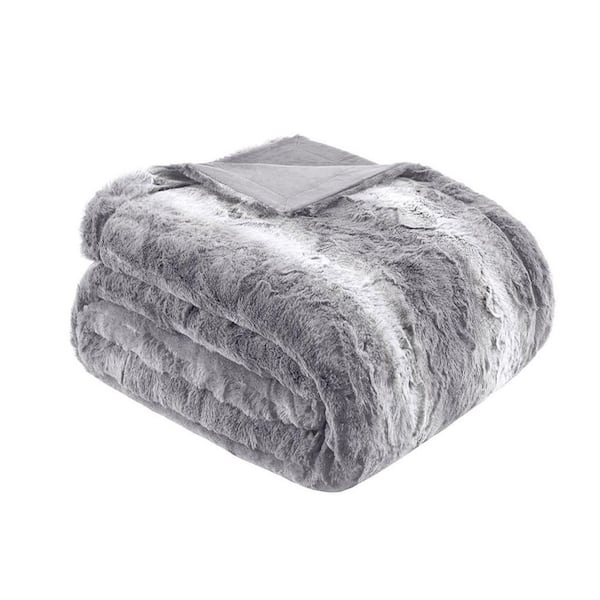 Oversized Grey Faux Fur Throw Blanket