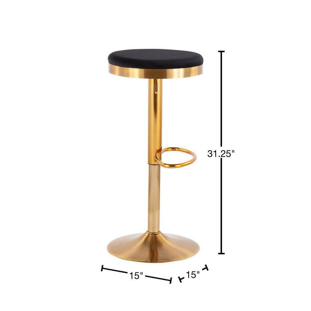 Set of 2 Black Velvet Adjustable Gold Swivel Bar Stools