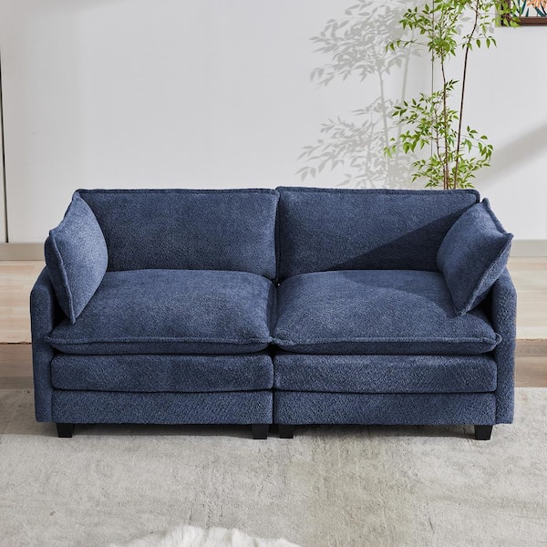 JEAREY Modern 76.77 in. Navy Looped Velvet Loveseat with Two Pillows for Living
