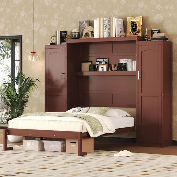 Leander Multifunctional Walnut Brown 103.89 in. Wood Frame Full Size Murphy Bed Cabinet with 2 Wardrobes, Storage Shelf