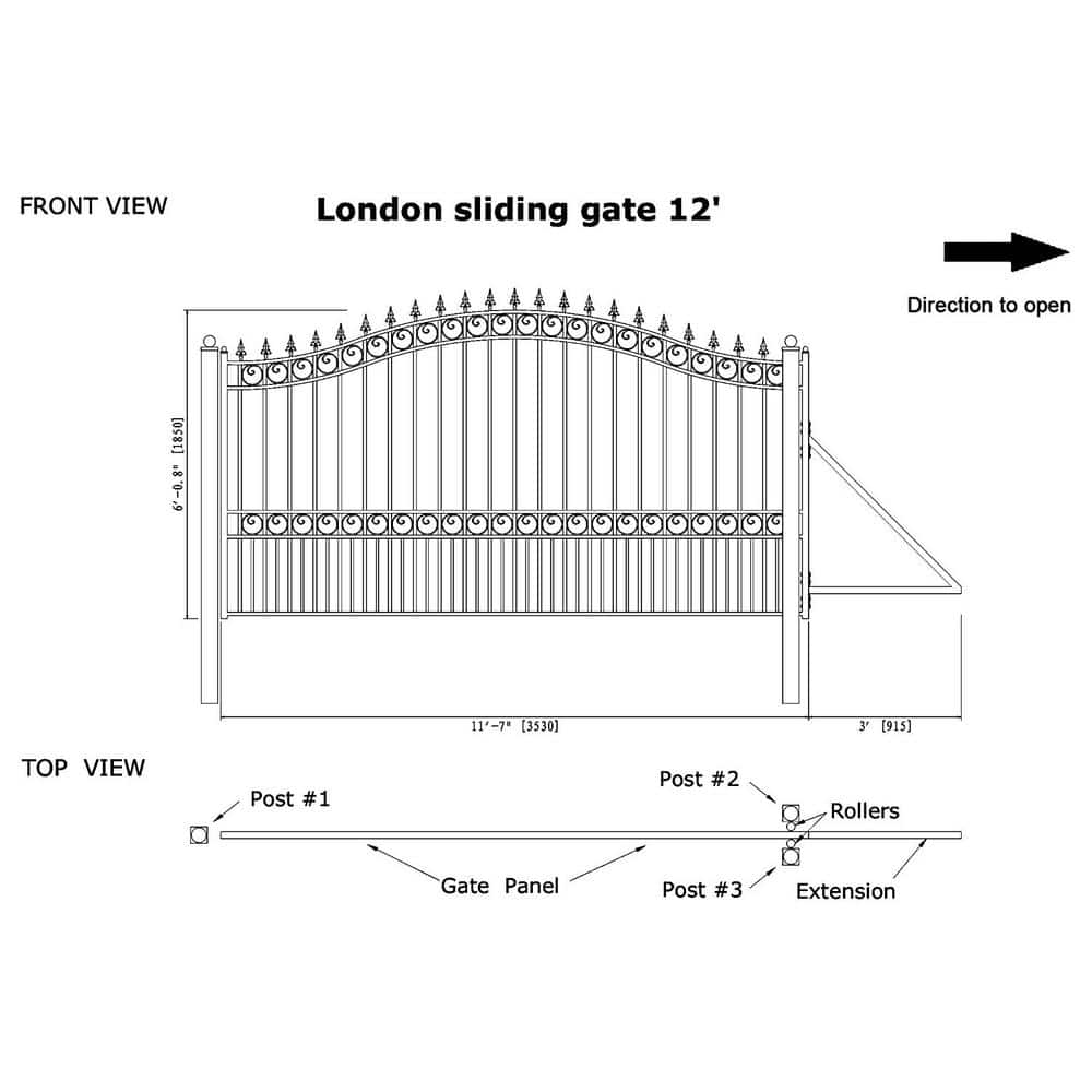 Black Steel Arched Sliding Driveway Gate with Pointed Pickets