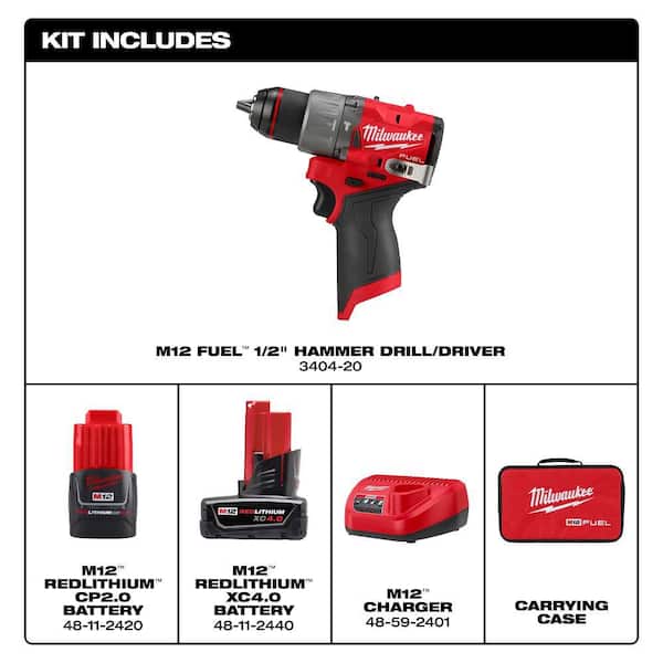 M12 FUEL 12V Lithium-Ion Brushless Cordless 1/2 in. Hammer Drill Kit with 4.0 Ah and 2.0 Ah Battery and Soft Case