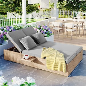 2-Piece Wicker Outdoor Day Bed Outdoor Double Sunbed with Adjustable Backrest and Seat Reclining Chairs Gray Cushions