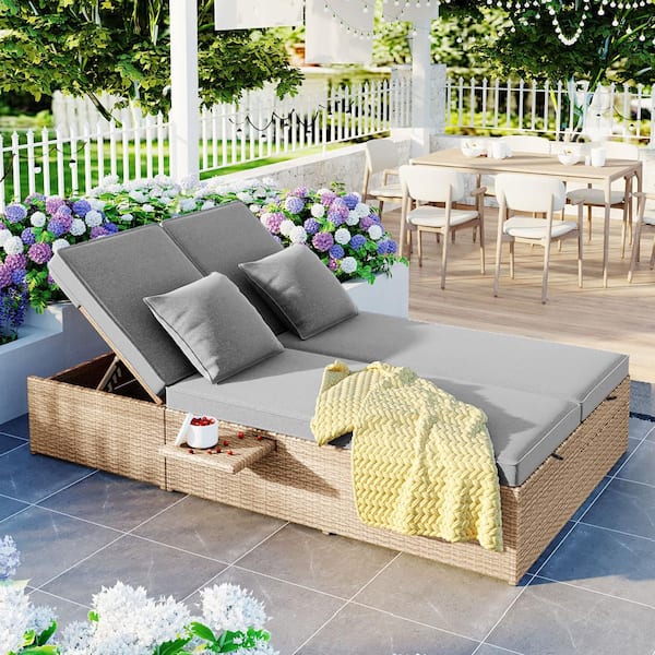 Unbranded 2-Piece Wicker Outdoor Day Bed Outdoor Double Sunbed with Adjustable Backrest and Seat Reclining Chairs Gray Cushions