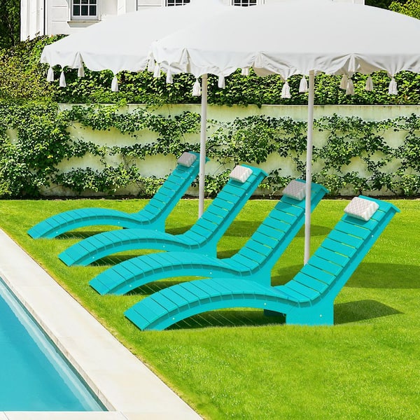 Sasha Aruba Blue HDPS Plastic Patio Lounge Chair Waterproof Fade-Resistant Outdoor Chaise Lounge with Headrest Set of 4