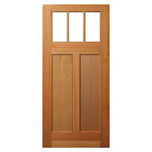 36 in. x 80 in. 2 Panel Universal/Reversible Craftsman 3 Lite Clear Low-E Glass Unfinished Fir Wood Front Door Slab