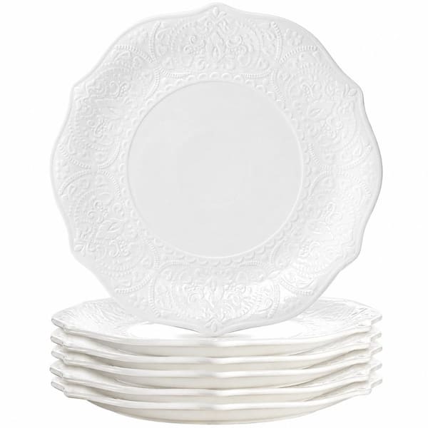 Set of 6 White Porcelain Dinner Plates with Embossed Petal Design 10.5 in Microwave and Dishwasher Safe