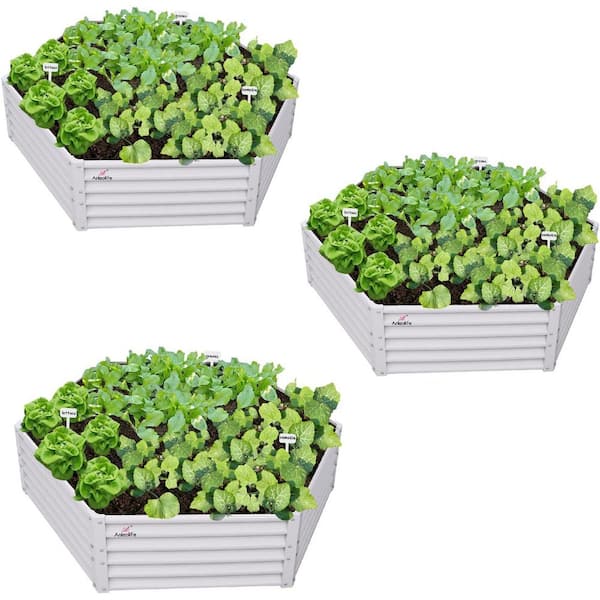 Unbranded 3-Piece Outdoor White Hexagon Galvanized Raised Garden Beds, 70 x 60 x 18 in Metal Planter Box