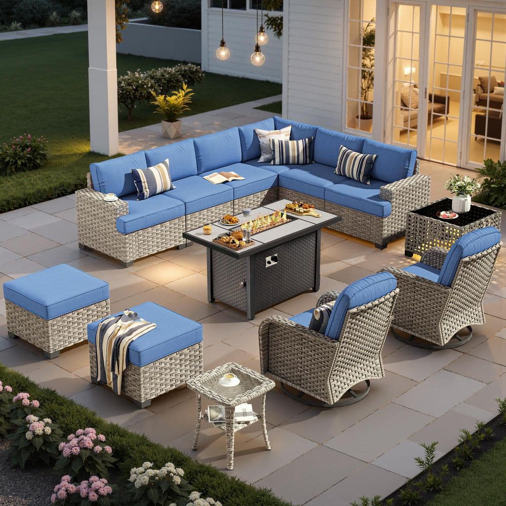Epoch 13 Pieces Wicker Outdoor Patio 42 in. Rectangular Fire Pit Set and Swivel Rocking Chairs with Denim Blue Cushions price history on PriceWatchPro