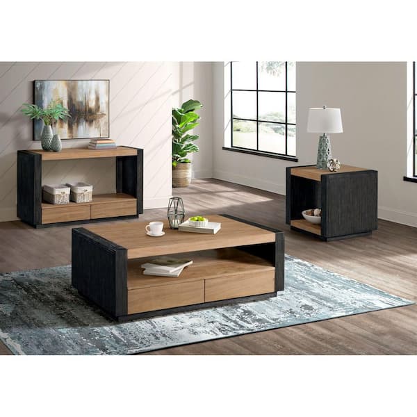 Stephen 50 in. Light Oak & Black Rectangle Console Wood Table with Drawers