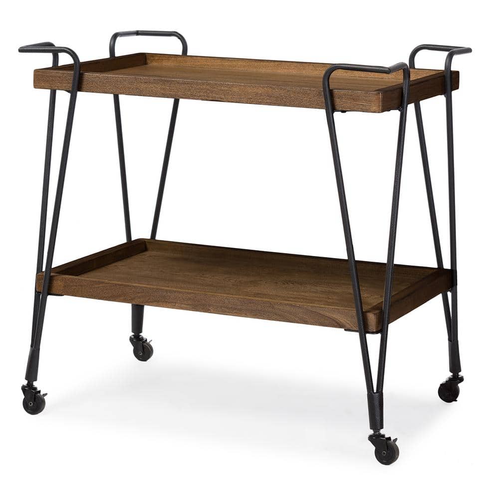 Rustic Industrial Black & Brown Mobile Serving Bar Cart with Wine Rack