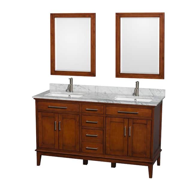 Wyndham Collection Hatton 60 in. Double Vanity in Light Chestnut with Marble Vanity Top in Carrara White, Square Sink and Mirrors