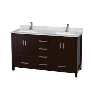 Sheffield 60 in. Double Vanity in Espresso with Marble Vanity Top in Carrara White