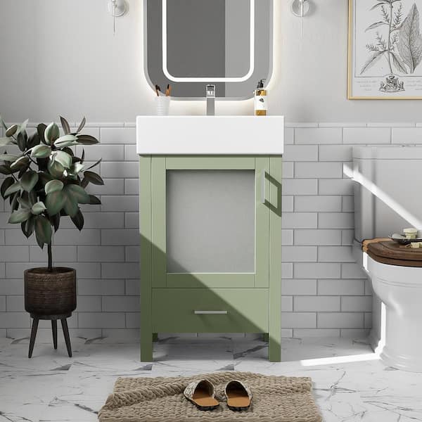 20.28 in. W Single Sink Bath Vanity in Green with White Ceramic Top, Overflow Protection, Soft Close Door and Drawer