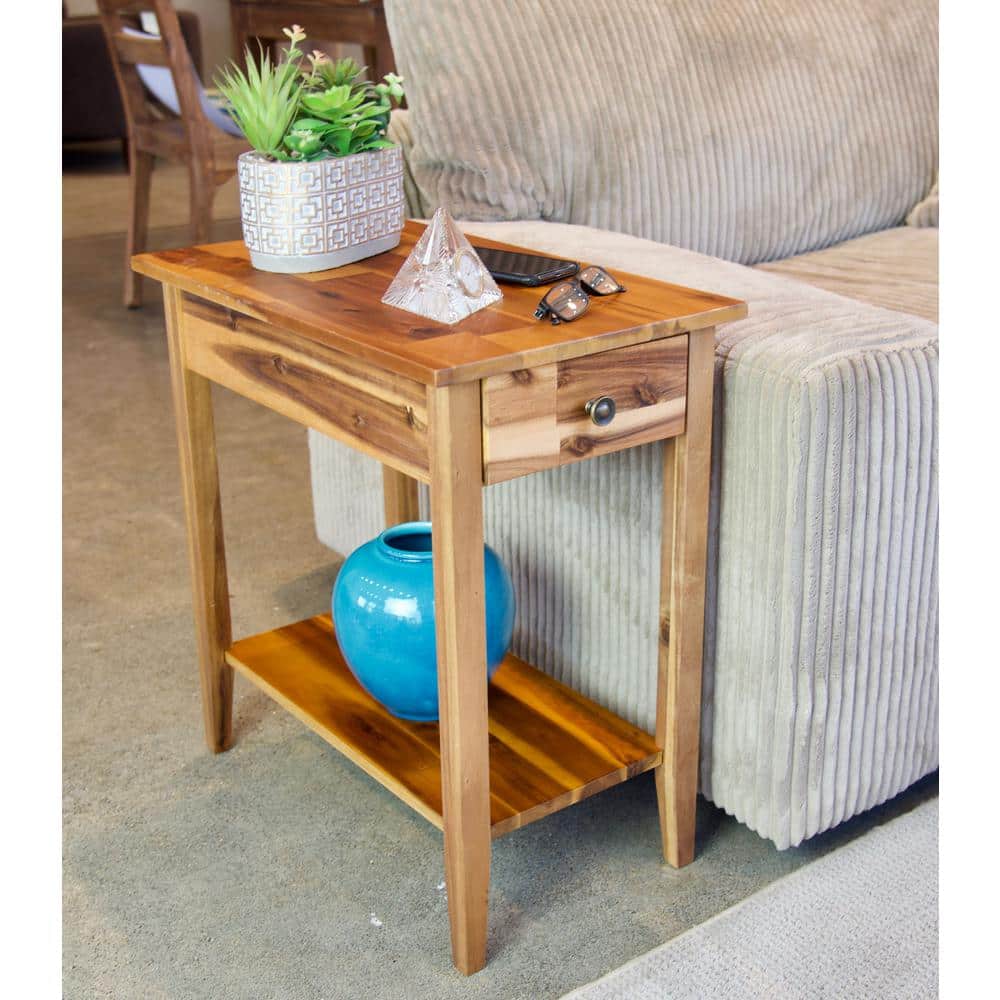 Natural Acacia Wood and Metal End Table with Storage