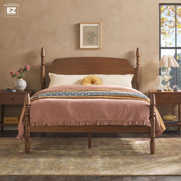 Modern Farmhouse Easy Assembly Brown Solid Wood Frame Queen Platform Bed with Spindle Detailing