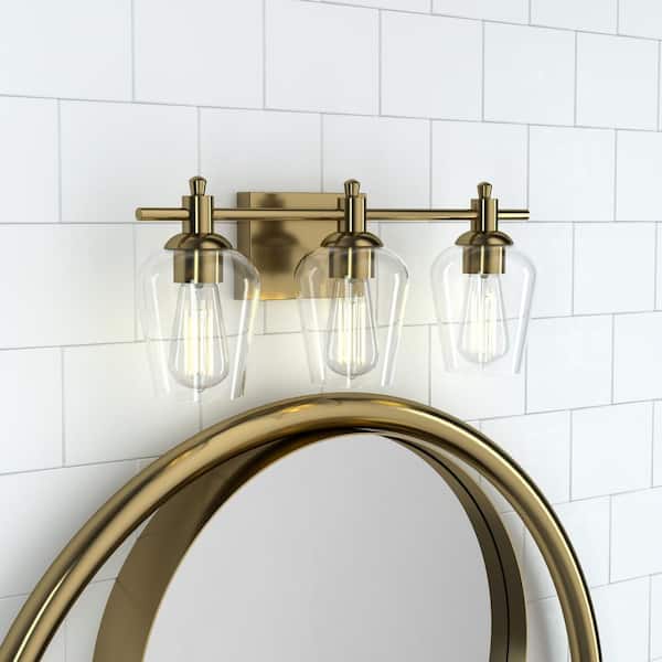 Rodberg 21 in. Classic 3-Light Brushed Gold Dimmable Vanity Light with Clear Glass Shade