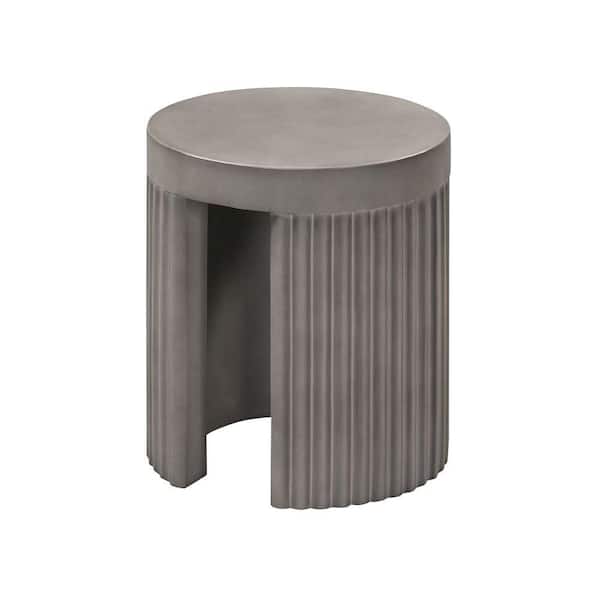 Benjara 16 in. Gray Round Concrete End Table with Artful Fluted Style Base