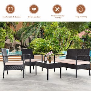 4-Piece Wicker Outdoor Garden Patio Sectional Seating Set with Gray Cushions
