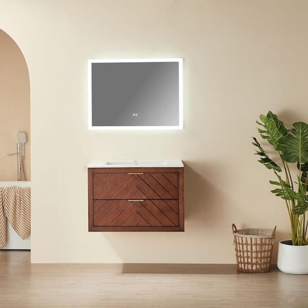 30 in. Solid Wood Wall Mounted Walnut Bath Vanity with White Ceramic Top, Single Sink, Fully Assembled