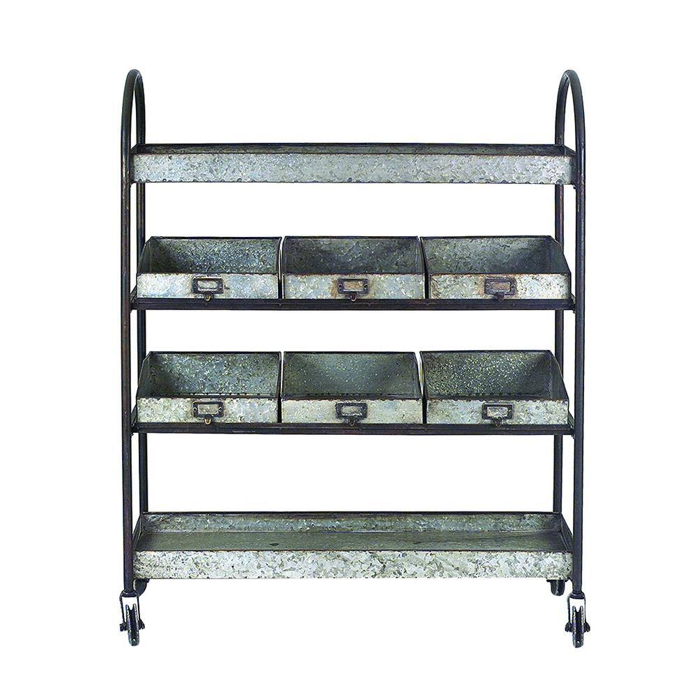 Industrial Gray Metal 4-Tier Rolling Cart with Bins