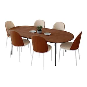 Tule 7 Piece Dining Set with 6 Leather Seat Dining Chair in White Frame and 71 in. Oval Dining Table, Walnut/Light Brown